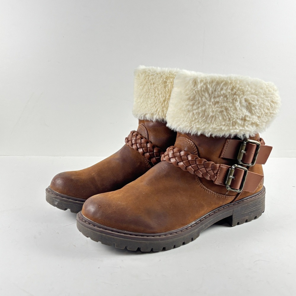 Blowfish Malibu Women's Brown Faux Fur Lined Buckle Moto Boots‎ 8.5 Lug sole